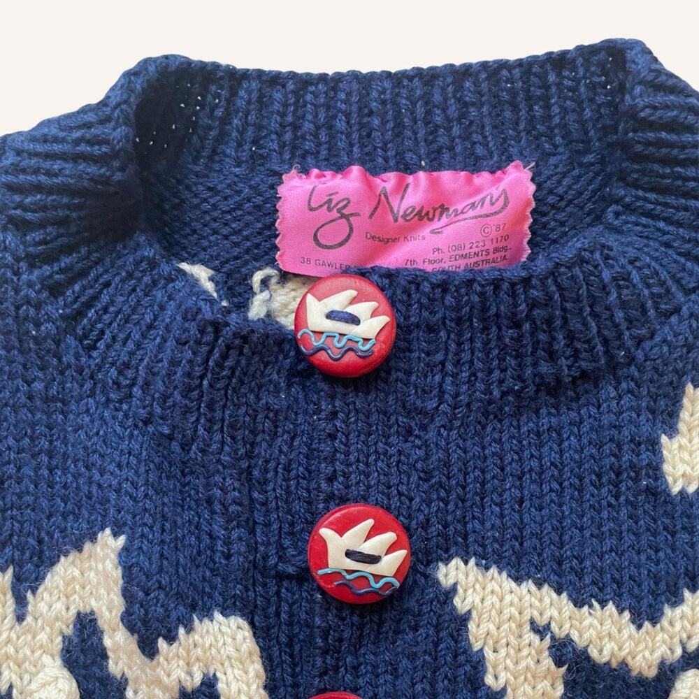 Liz Newman sweater 1987, blue + white, clay buttons XL - Picture 4 of 8